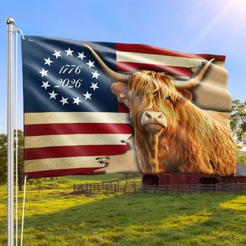 Discover 250 Years Strong Highland Cow American Grommet Flag for Farmhouse Patriotic Decor