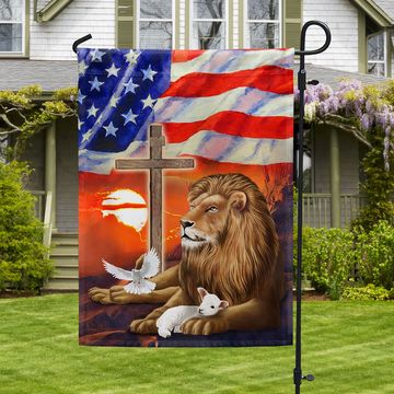 Discover Lion and Lamb Christian Cross American Flag