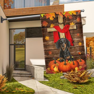 Discover Dachshund Flag, Autumn Pumpkins And Wooden Cross Garden Flag, Rustic Thanksgiving Outdoor Decoration, Christian Fall Yard Flag For Dog Lovers Home Decor