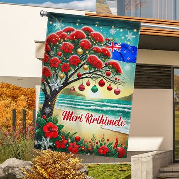 Discover New Zealand Christmas Pohutukawa Tree Meri Kirihimete Flag