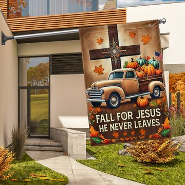 Discover Fall Flag Fall for Jesus He Never Leaves Thanksgiving Pumpkins Truck Flag