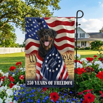 Discover 250 Years of Freedom Flag, Rottweiler Dog Wrapped in Glory US Flag
