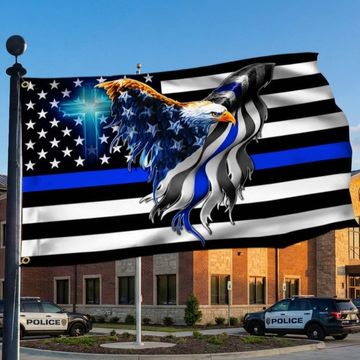 Discover The Thin Blue Line. Police. Law Enforcement American Eagle Flag, Canvas Flag Double Side Printed