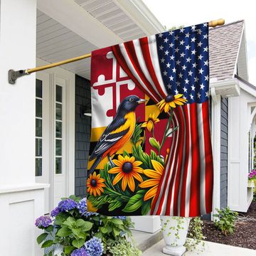 Discover Maryland Baltimore Oriole Bird and Black-eyed Susan Flower American Flag