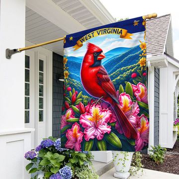 Discover West Virginia Cardinal on a Blooming Rhododendron Branch with  Appalachian Mountains Flag