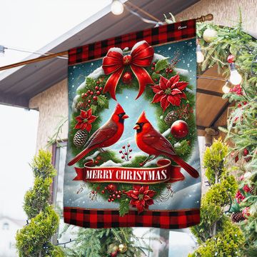 Discover Red Cardinal Christmas Wreath Flag
