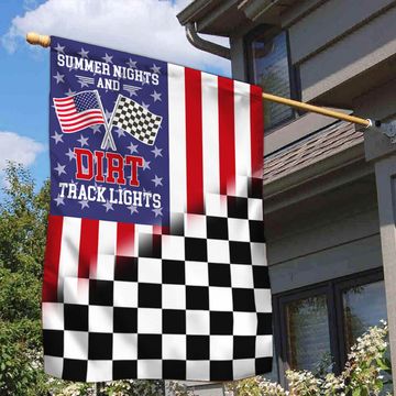 Discover Dirt Track Racing Checkered Racing American Flag Summer Nights and Dirt Track Lights Flag