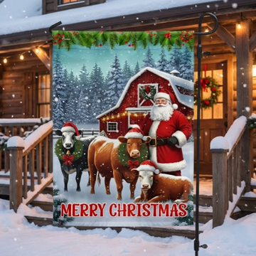 Discover Cow Cattle Farm Santa Christmas Flag | Red Old Barn Merry Christmas Flag