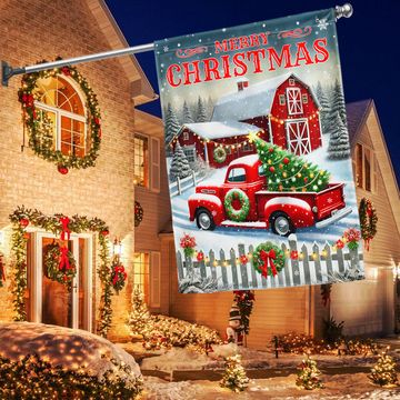 Discover Red Truck And Barn Merry Christmas Flag