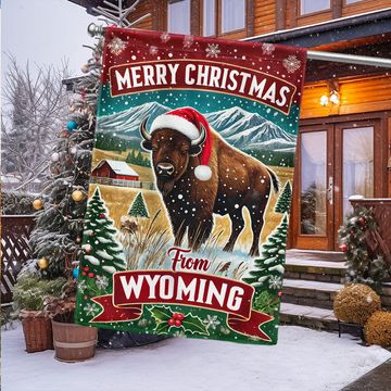 Discover Wyoming Christmas Bison Flag
