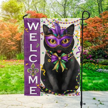 Discover Mardi Gras Black Cat Welcome Flag