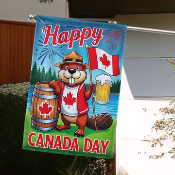 Discover Canada Day Funny Beaver Drinking Beer Flag