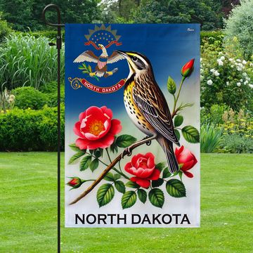 Discover North Dakota Meadowlark Bird and Prairie Rose Flower Flag
