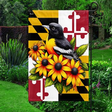 Discover Maryland State Baltimore Oriole Bird and Black-eyed Susan Flower Flag