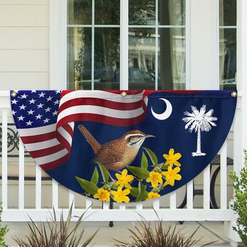 Discover South Carolina Yellow Jessamine Flower and Carolina Wren Bird Non-Pleated Fan Flag 3-Day Shipping