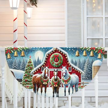 Discover Horse Christmas Holiday Festive Farm Red Barn Non-Pleated Fan Flag