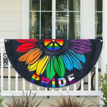 Discover Pride Month, Sunflower Peace Sign, LGBT Pride Non-Pleated Fan Flag