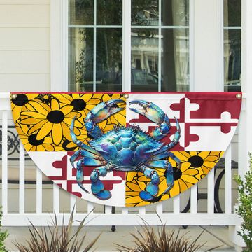 Discover Maryland Blue Crab Black-Eyed Susan Flowers Non-Pleated Fan Flag