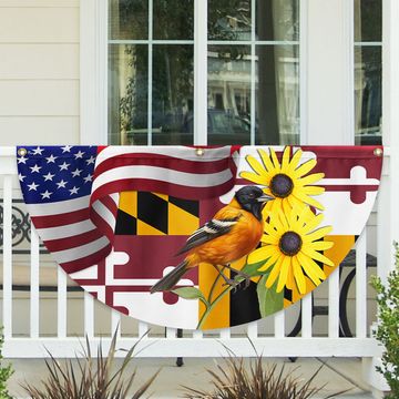Discover Maryland Black-eyed Susan Flower and Baltimore Oriole Bird Non-Pleated Fan Flag