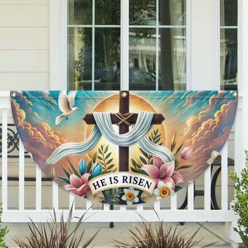 Discover Easter Day Christian Cross He Is Risen Non-Pleated Fan Flag