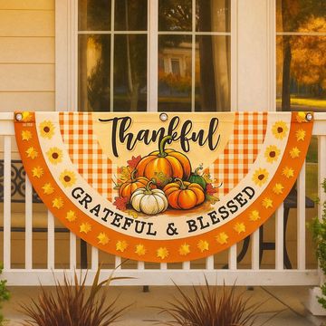 Discover Fall Thanksgiving Pumpkins Harvest Thankful Grateful & Blessed Non-Pleated Fan Flag