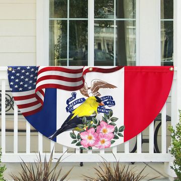 Discover Iowa State Eastern Goldfinch Bird and Wild Rose Flower Non-Pleated Fan Flag