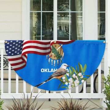 Discover Oklahoma State Scissor-tailed Flycatcher Bird and Mistletoe Flower Non-Pleated Fan Flag