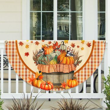 Discover Fall Flag Autumn Chickadees Bird Pumpkins Fall Non-Pleated Fan Flag