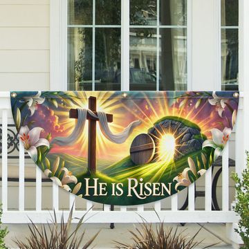 Discover Easter Cross He Is Risen Non-Pleated Fan Flag