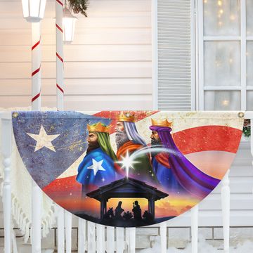 Discover Puerto Rico Three Kings, Three Wise Men, Jesus Family Christmas Non-Pleated Fan Flag