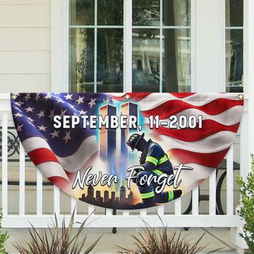 Discover Never Forget 11th September Patriot Day 911 Kneeling Firefighter Non-Pleated Fan Flag