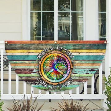 Discover Peace Sign Hippie Flag Imagine All The People Living Life In Peace Non-Pleated Fan Flag
