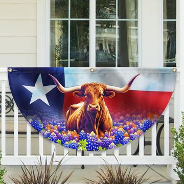 Discover Texas Longhorn Cattle  Bluebonnet Non-Pleated Fan Flag