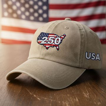 Discover 250 Years of USA Patriotic Washed Cap with Embroidered America Map