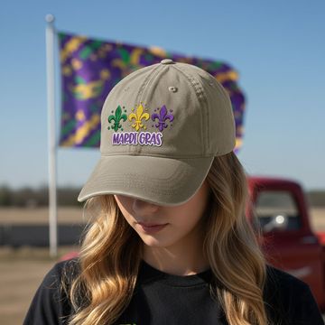 Discover Happy Mardi Gras Washed Cap, Mardi Gras Fleur De Lis Embroidered Cap