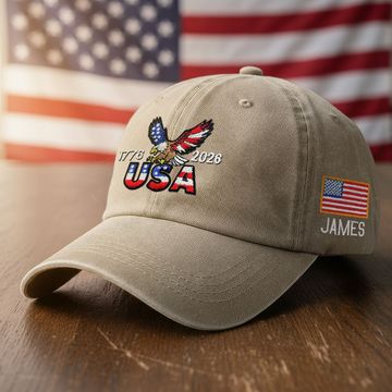 Discover Personalized 250 Years USA Washed Cap with Embroidered American Flag, Patriotic Cap