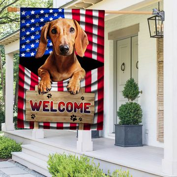 Discover Red Dachshund Dog Welcome American Flag TQN1135Fv3a