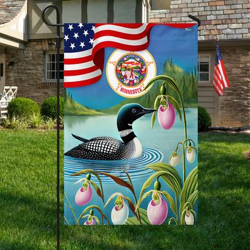 Discover Minnesota State Lady's Slipper Flower and Loon American Flag