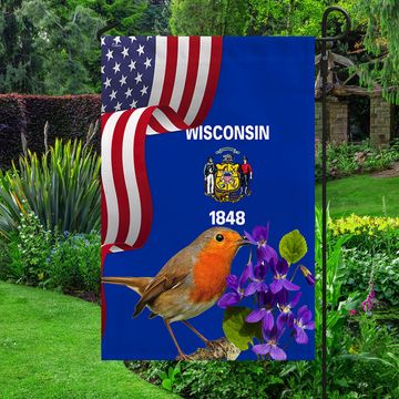 Discover Wisconsin State Flower Wood Violet Flower and Robin Bird Flag MLN1141Fv47