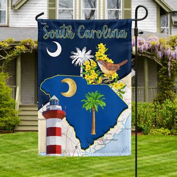 Discover South Carolina Palmetto Tree and Gorget. Carolina Wren Bird and Yellow Jessamine Flower. SC Lighthouse Flag