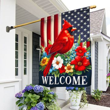 Discover Cardinal Floral Welcome American Flag