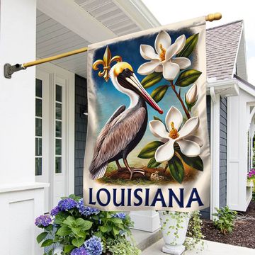Discover Louisiana Brown Pelican Bird and Magnolia Flower Flag