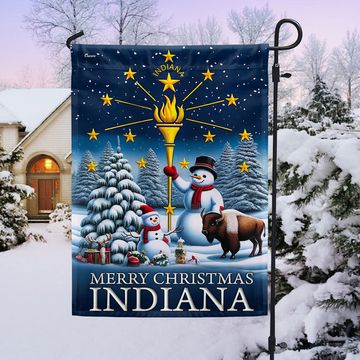 Discover Indiana Christmas Flag Snowman with Gold Torch Merry Christmas