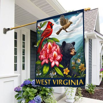 Discover West Virginia  Cardinal and Rhododendron Flower and Black Bear Flag
