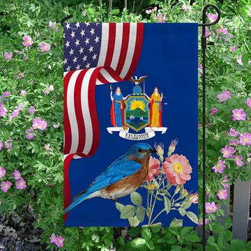 Discover New York State Eastern Bluebird and Wild Rose Flower Flag MLN1141Fv38