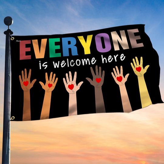 Everyone Is Welcome Here Inclusion and Equality Grommet Flag, Hippie Flag