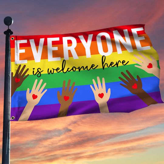 Everyone Is Welcome Here Idaho Teacher Grommet Flag, Hippie Flag