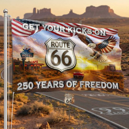 Get Your Kicks On Route 66 Decor, 250 Years of Freedom Vintage American Flag