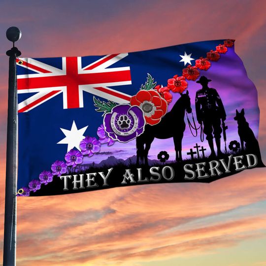 Anzac Day, Remembrance Day Red Purple Poppy They Also Served Grommet Flag