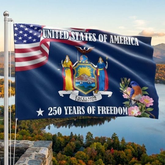 New York State Eastern Bluebird and Wild Rose Flower US Grommet Flag